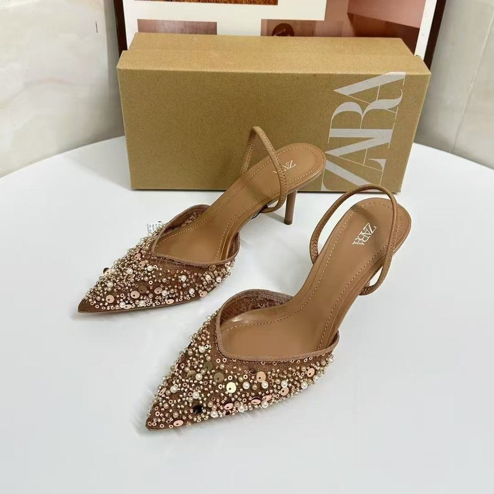 Zar summer new arrivals: women's apricot beaded mesh slingback pointed-toe stiletto mules