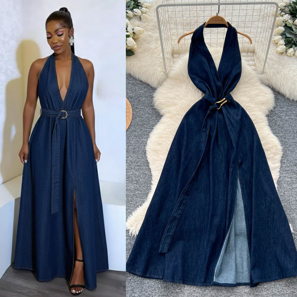 Cool and spicy halter denim dress - women's summer deep v sexy backless slit maxi dress - chic and stunning