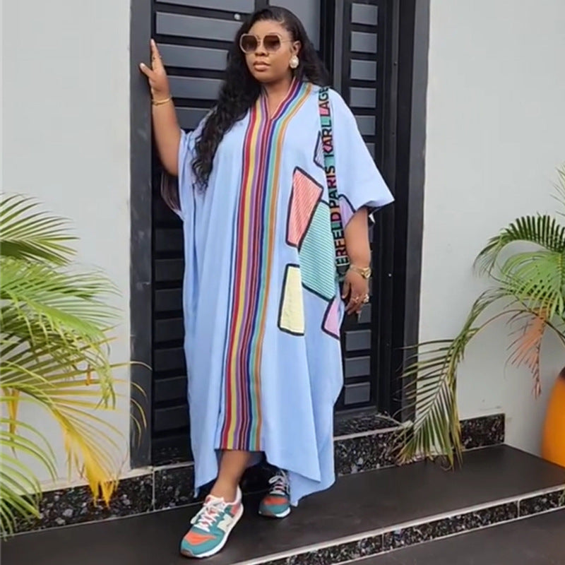European and american cross-border african women's clothing  spring new arrival: elegant plus size printed loose v-neck robe dress