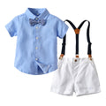 Korean style boys' short-sleeve shirt & overalls set with bow tie - gentleman's outfit for baby's first birthday