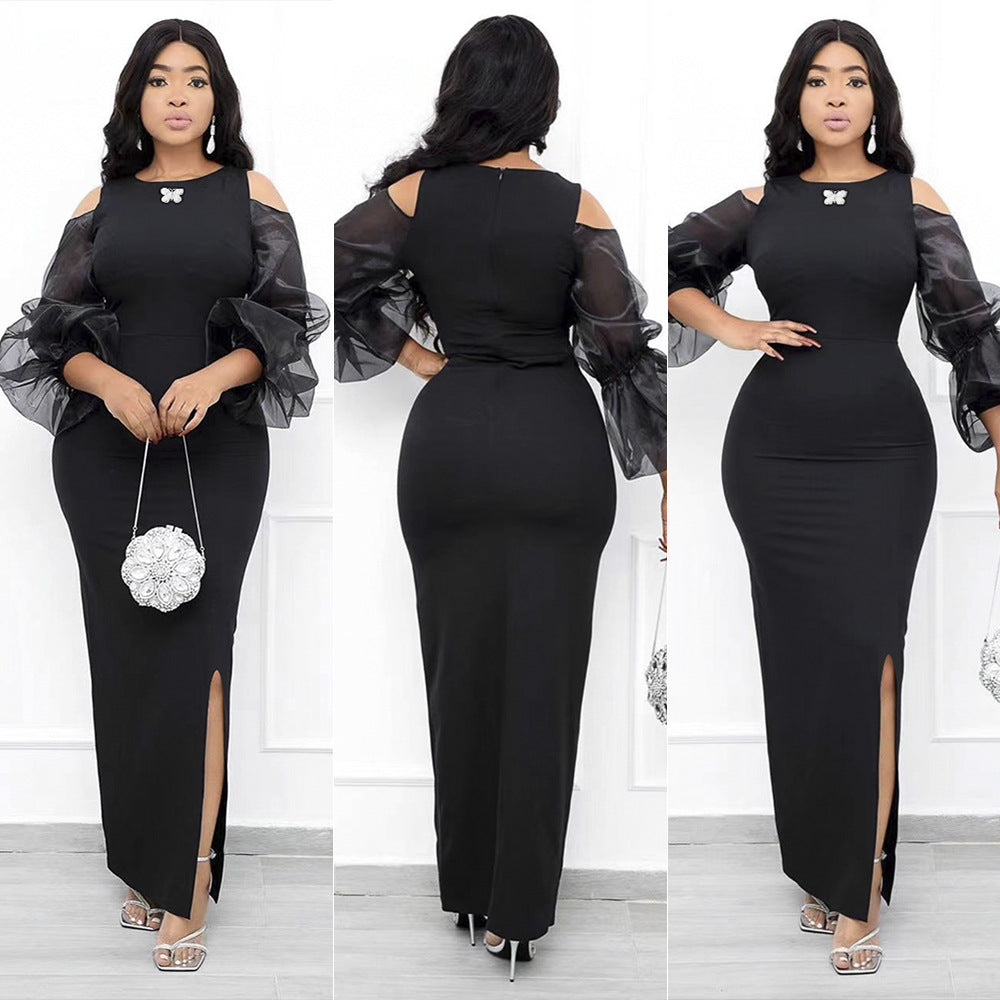 european and american mesh see-through flared sleeve dress plus size african women's black slim fit maxi dress