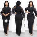 european and american mesh see-through flared sleeve dress plus size african women's black slim fit maxi dress