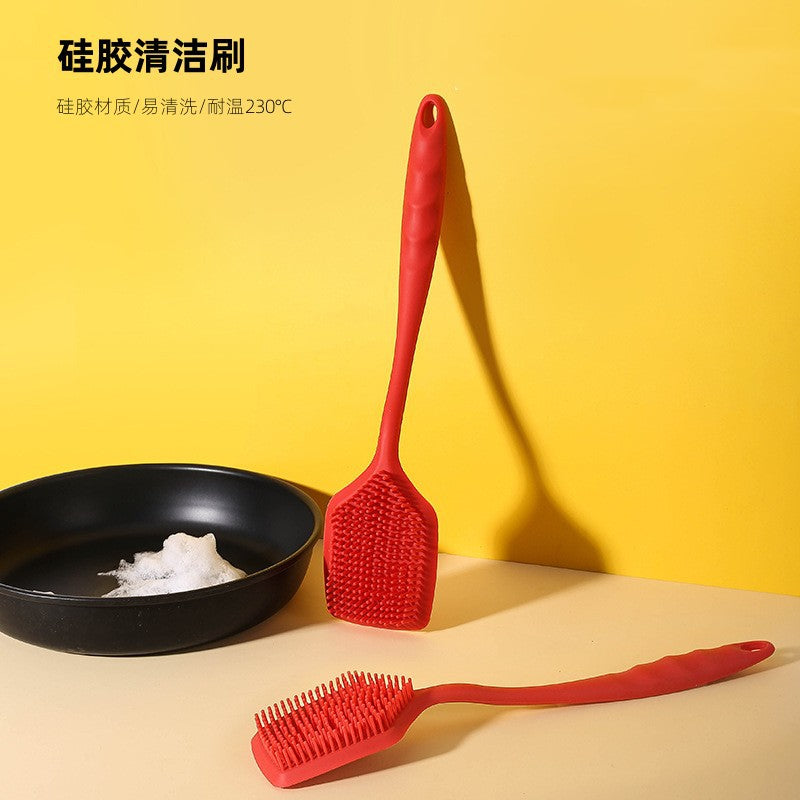 Silicone brush is soft and does not scratch the pot. silicone all-in-one long handle brush. pot washing brush. kitchen decontamination cleaning brush