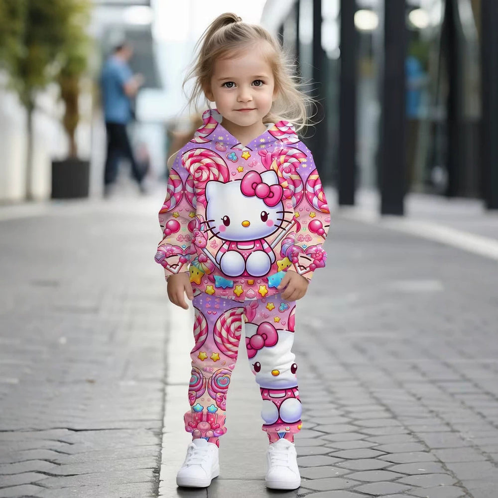 Kids' hoodie set, cross-border hot seller, trendy printed girls' fashion hooded sweatshirt and sweatpants set