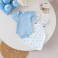 Baby girl light blue flying sleeve blue flower suspender skirt ruffle short-sleeved t-shirt floral suspender skirt fresh summer