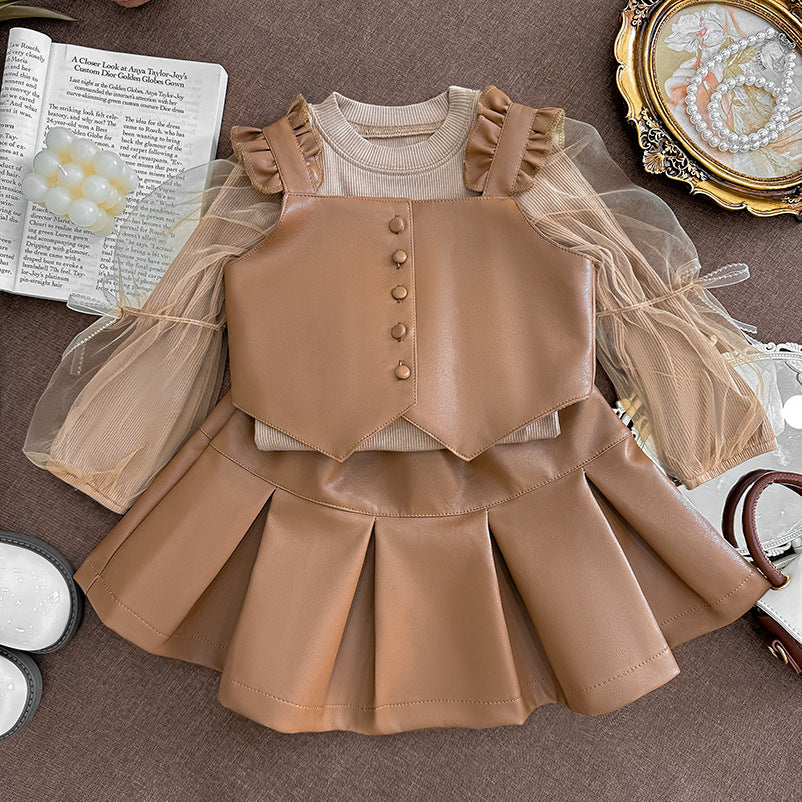 Girls' spring outfit : stylish two-piece leather set for little girls - trendy autumn wear