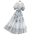 French romantic style printed tie-up dress - women's summer korean v-neck strappy short sleeve a-line maxi dress - elegant