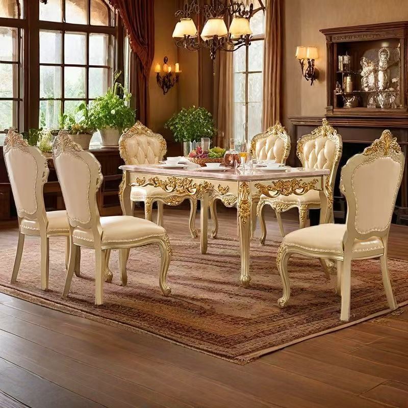 European-style rectangular dining table with marble top, luxury home dining set, deluxe table with six chairs, long table, square wooden table