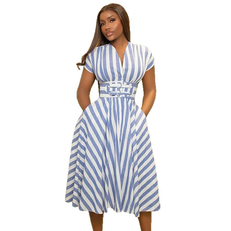 European and american women's clothing  autumn new collection: sweet and fresh striped v-neck high-waisted slimming a-line midi dress