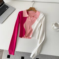 Niche stylesense of designretrofashion color matching polo collar long sleevesknitting shirt women's autumslimslimming lookshorttops