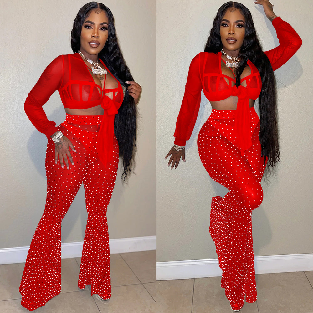 C5869   fashion new product nightclub hot diamond mesh see-through strap long-sleeved pants three-piece set