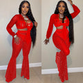 C5869   fashion new product nightclub hot diamond mesh see-through strap long-sleeved pants three-piece set