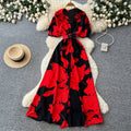 French retro floral print elegant dress - women's summer short sleeve v-neck slimming a-line maxi dress for work