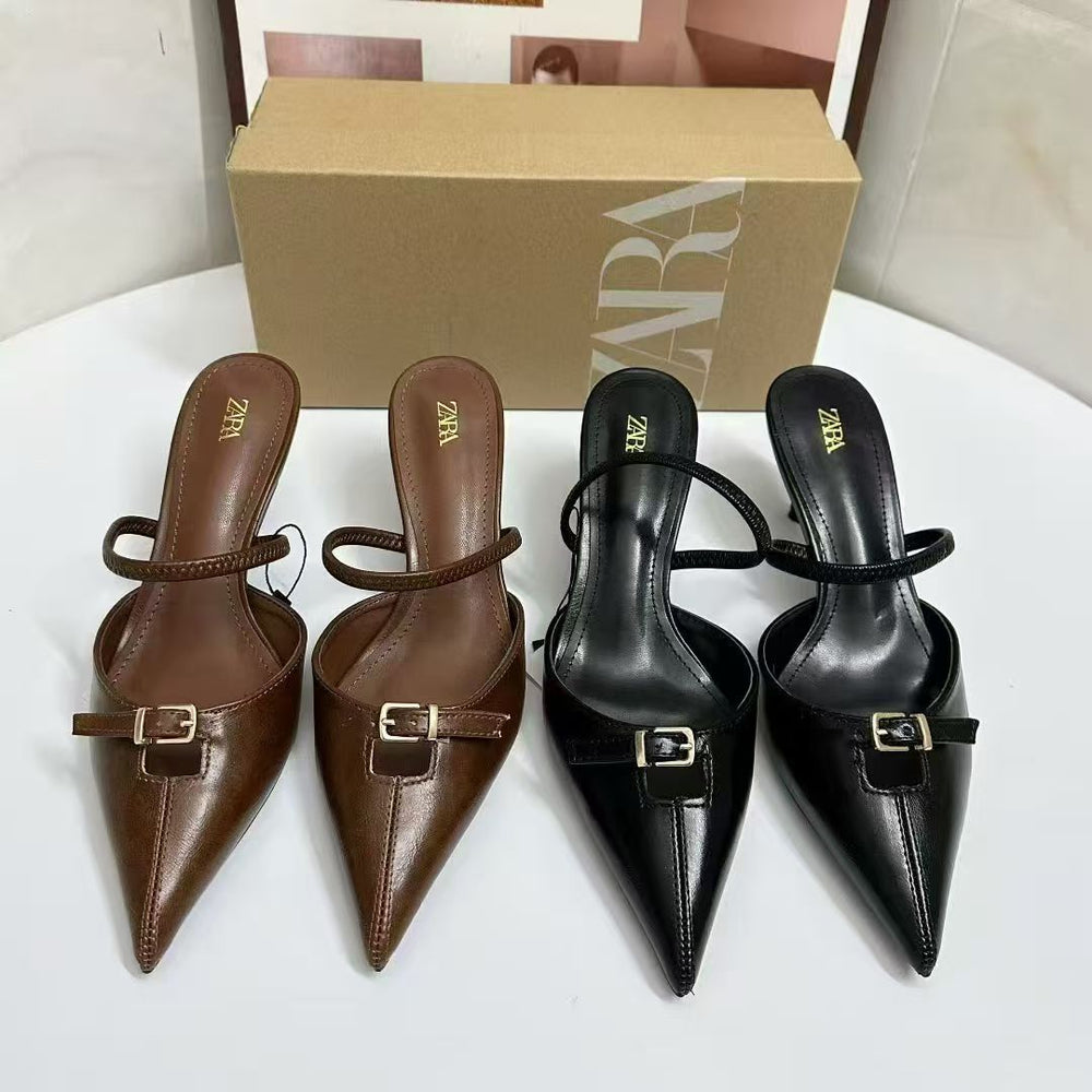 Za2025autum new product shallow mouth hollow fashion high heel pointed black brown buckle style mule fashion women's sandals