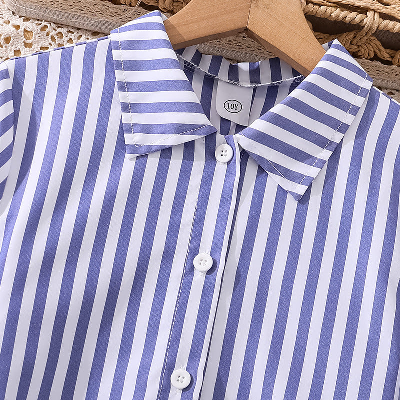 cross-border girls' dress: new spring/autumn casual striped turn-down collar button-down long sleeve side drawstring shirt dress