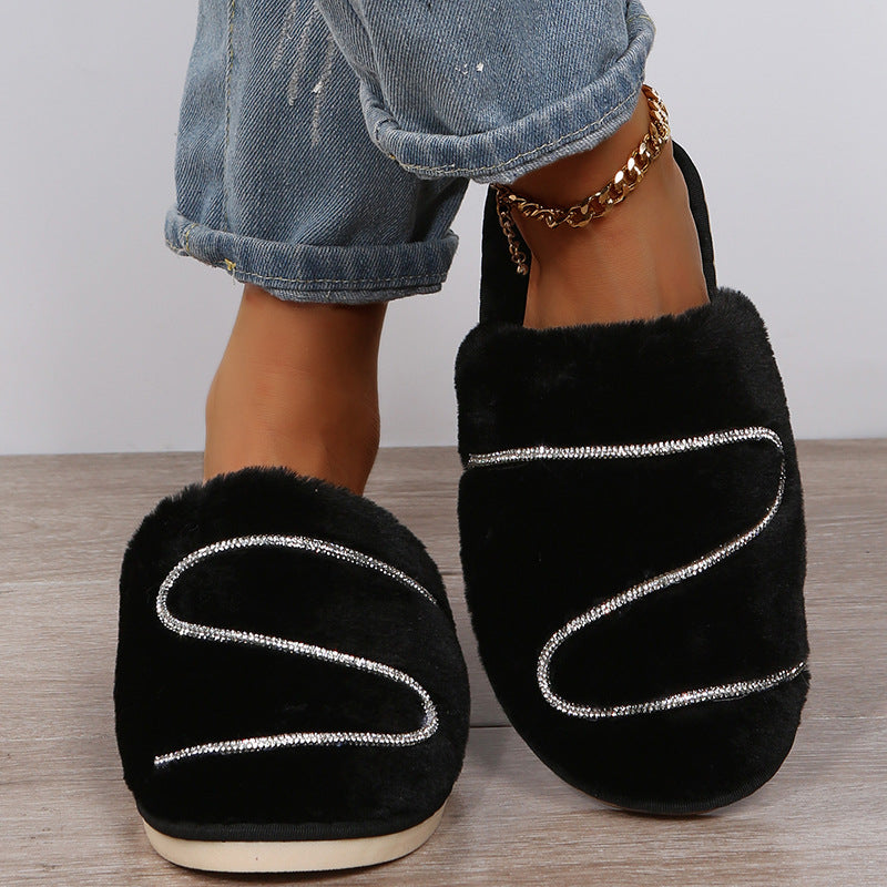 2024 fall/winter new women's closed-toe slippers rhinestone flat z-shaped fuzzy slippers indoor/outdoor fleece-lined cotton slippers