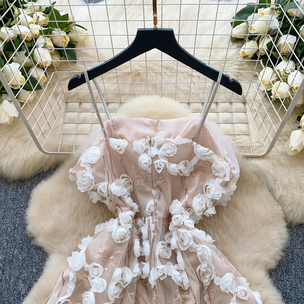 Evening gown high-end women's dress 2025 spring french sequin 3d floral waist-cinching spaghetti strap mesh dress