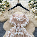 Evening gown high-end women's dress 2025 spring french sequin 3d floral waist-cinching spaghetti strap mesh dress