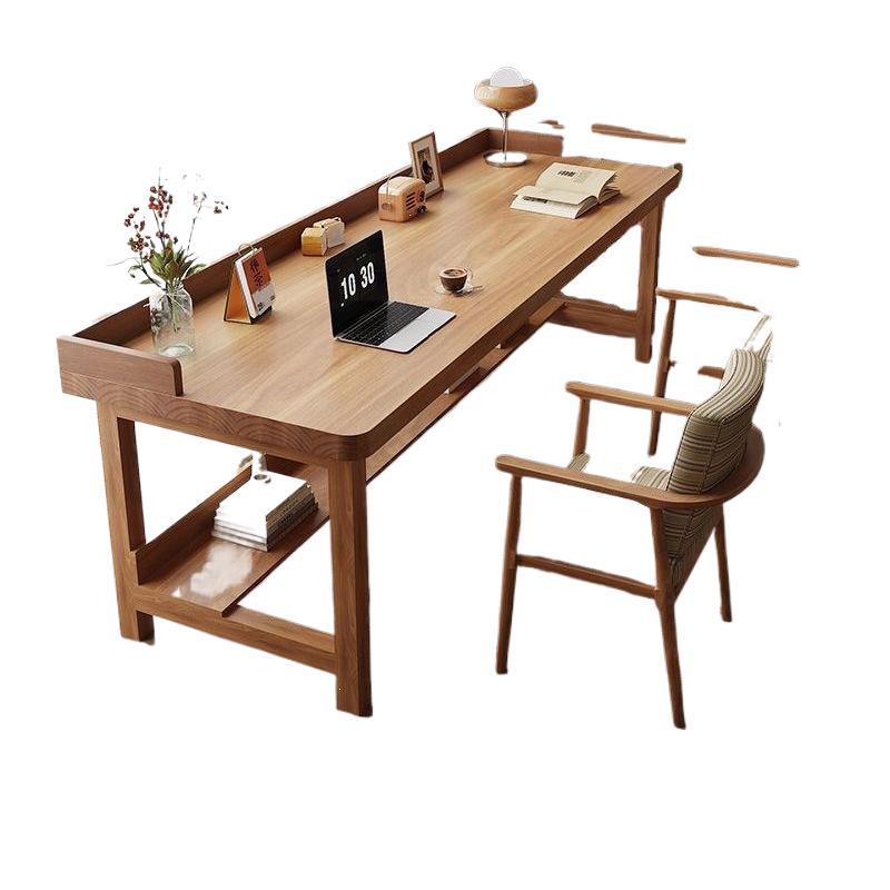 Solid wood rectangular desk - living room, bedroom, study - double seater study table - double layer, wall-mounted, thickened computer desk - natural wood finish