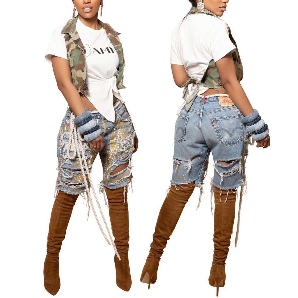 HR23035 European and American fashion women's clothing,  supply, colorful hand-painted pulp-throwing ripped jeans