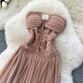 French sleeveless bandeau pleated dress women's summer high waist slimming elegant long mesh gown