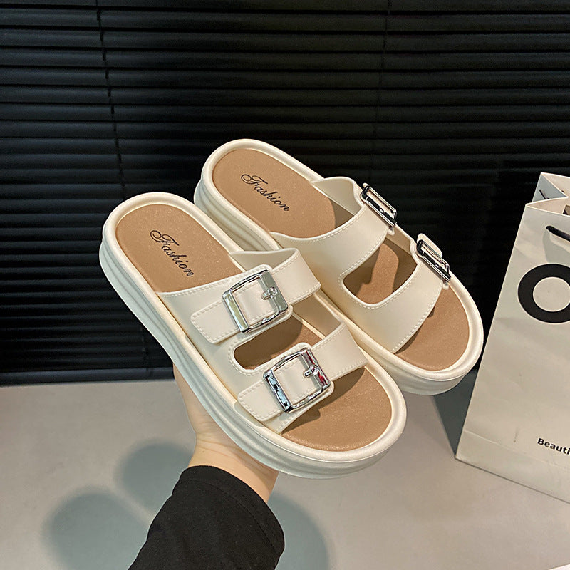 Retro color slippers for women new arrival double leather belt buckle flip-flops spring and summer outwear stepping on shit feeling half slippers beach sandals