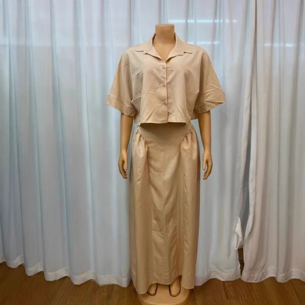 European and American new loose lapel cardigan short-sleeved top, solid color half-length skirt suit women's clothing