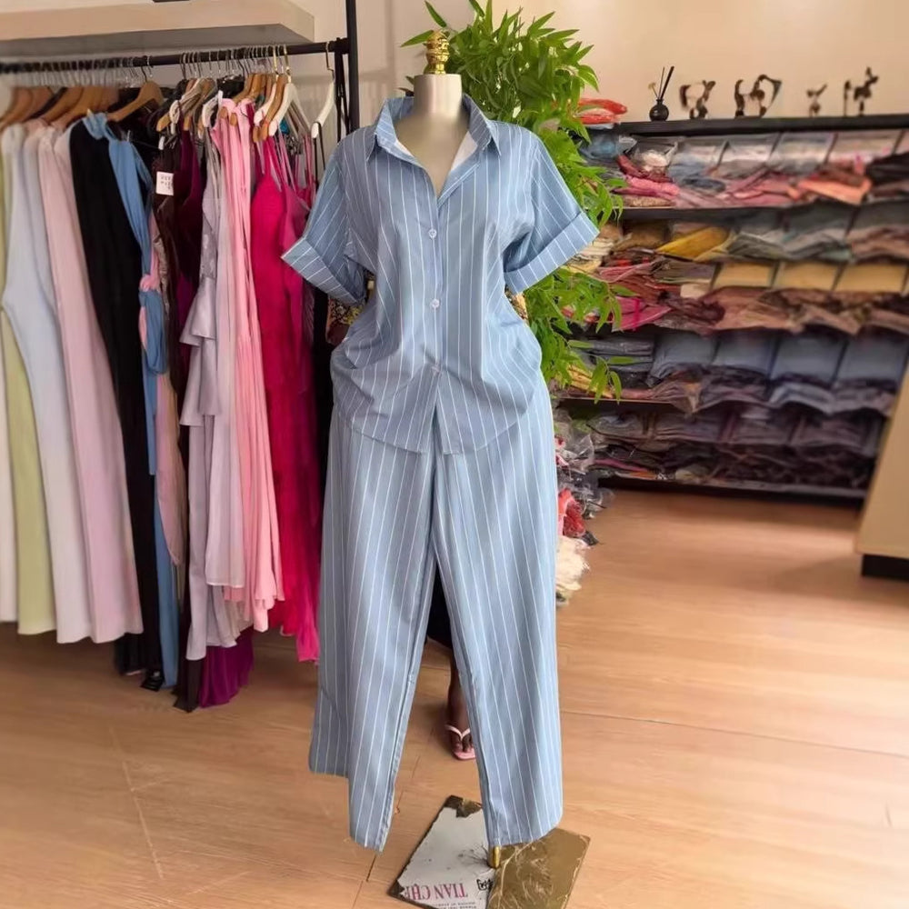 European and american cross-border women's fashion:  summer new arrival - stylish and elegant blue striped short-sleeve shirt and pants set with turn-down collar