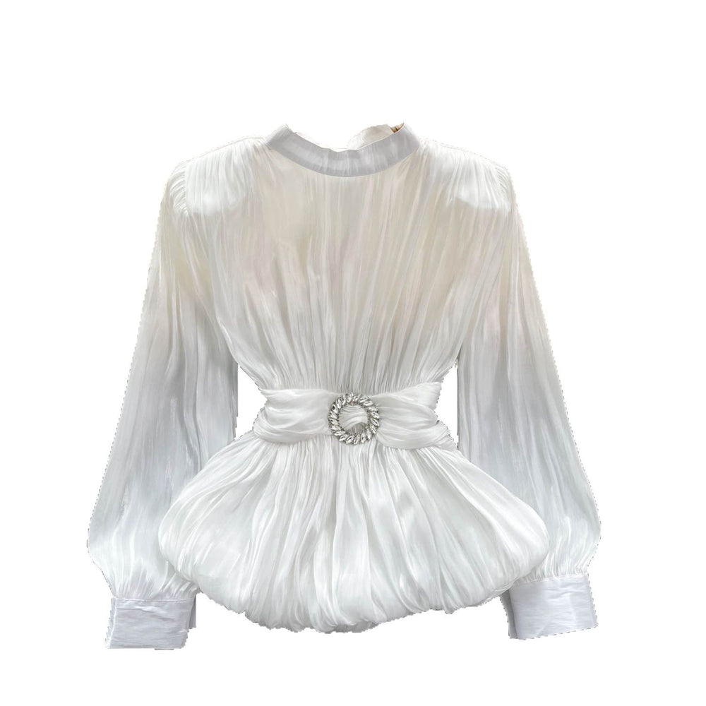 Classy french waist shirt for women with careful strap design and unique pleated ruffle hem frenchtops