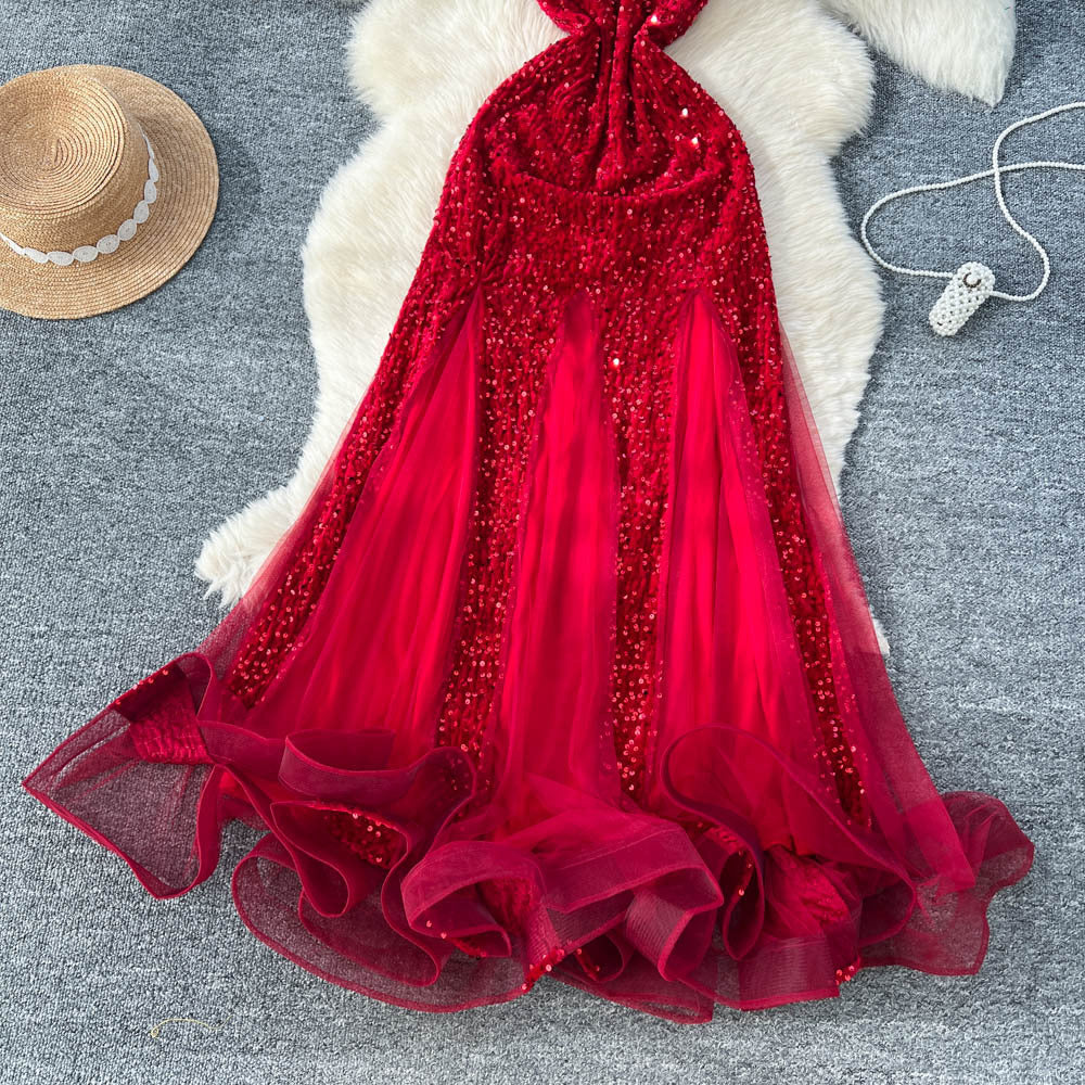 High-end women's dress: luxurious, slim-fit, elegant, mesh & sequin velvet splice cami dress - trendy & chic