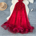 High-end women's dress: luxurious, slim-fit, elegant, mesh & sequin velvet splice cami dress - trendy & chic