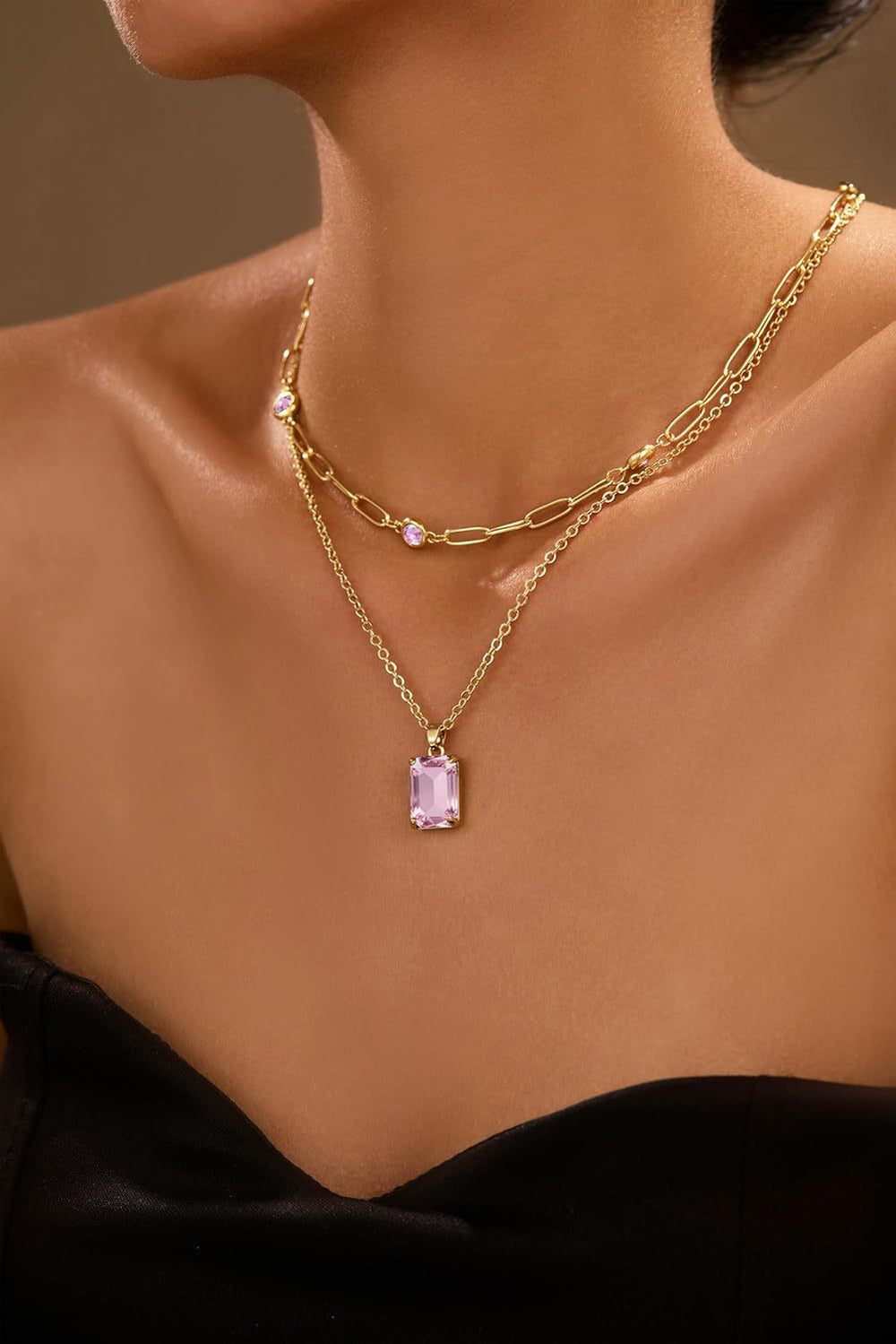Amazon gold layered pendant gold plated crystal choker paperclip rhinestone necklace women's party prom jewelry
