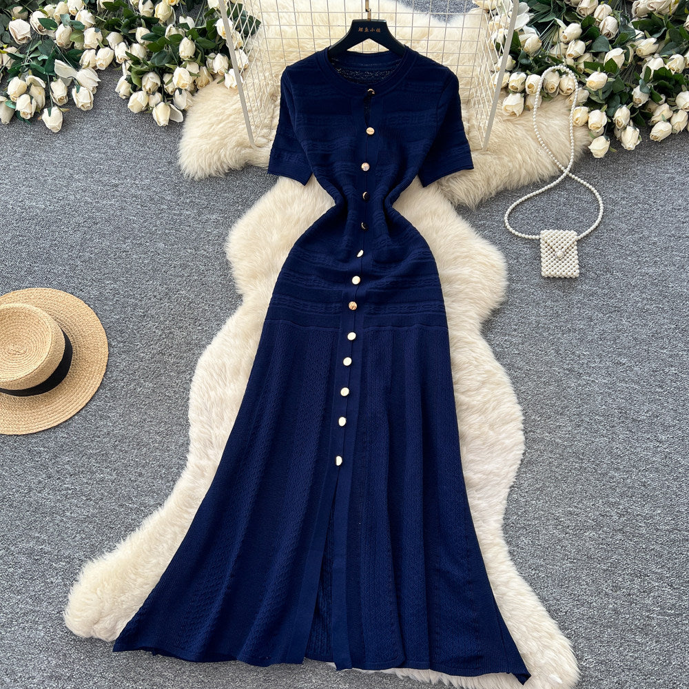 exportelegance style pure color single breasted knittingdress women's summerk-style silm slit long skirt dres