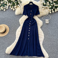 exportelegance style pure color single breasted knittingdress women's summerk-style silm slit long skirt dres