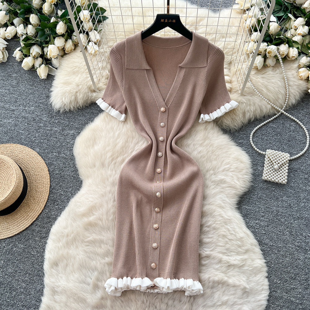 French gentle style v neck fungus edge knittingdress k-style short sleeve women's metal button slimming lookpetites short skirt