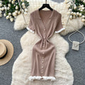 French gentle style v neck fungus edge knittingdress k-style short sleeve women's metal button slimming lookpetites short skirt