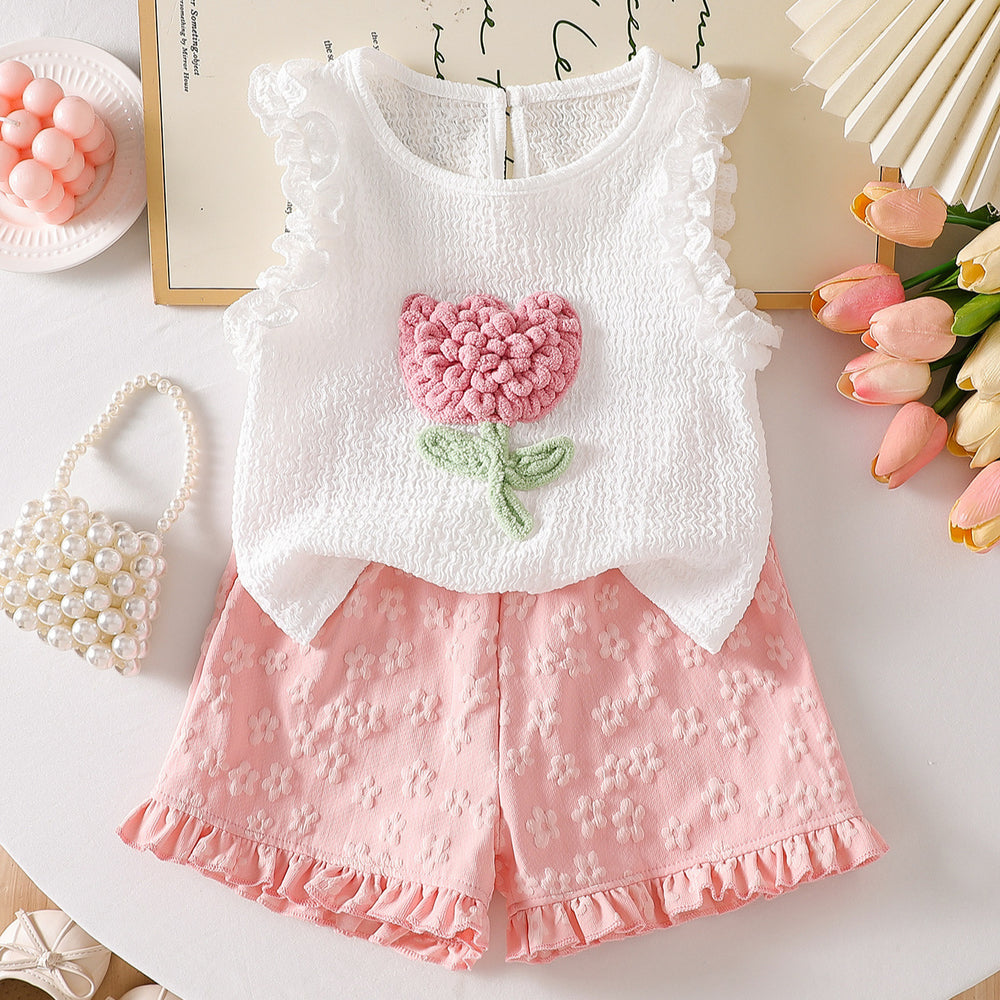 Girls' tulip crochet ruffle trim tank top and floral shorts two-piece set - summer korean style casual outfit for kids - trendy