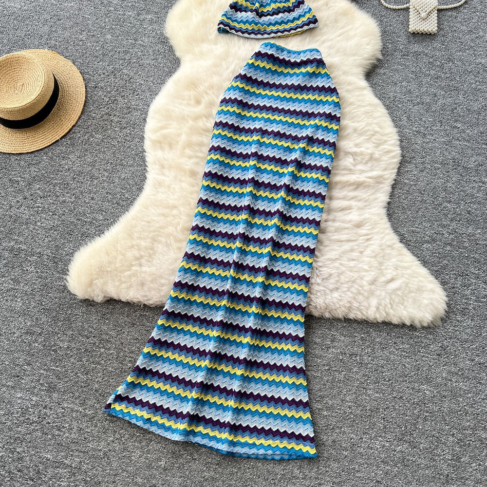 Vacation outfit: women's striped knit halter top and high-waisted bodycon midi skirt two-piece set
