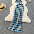 Vacation outfit: women's striped knit halter top and high-waisted bodycon midi skirt two-piece set
