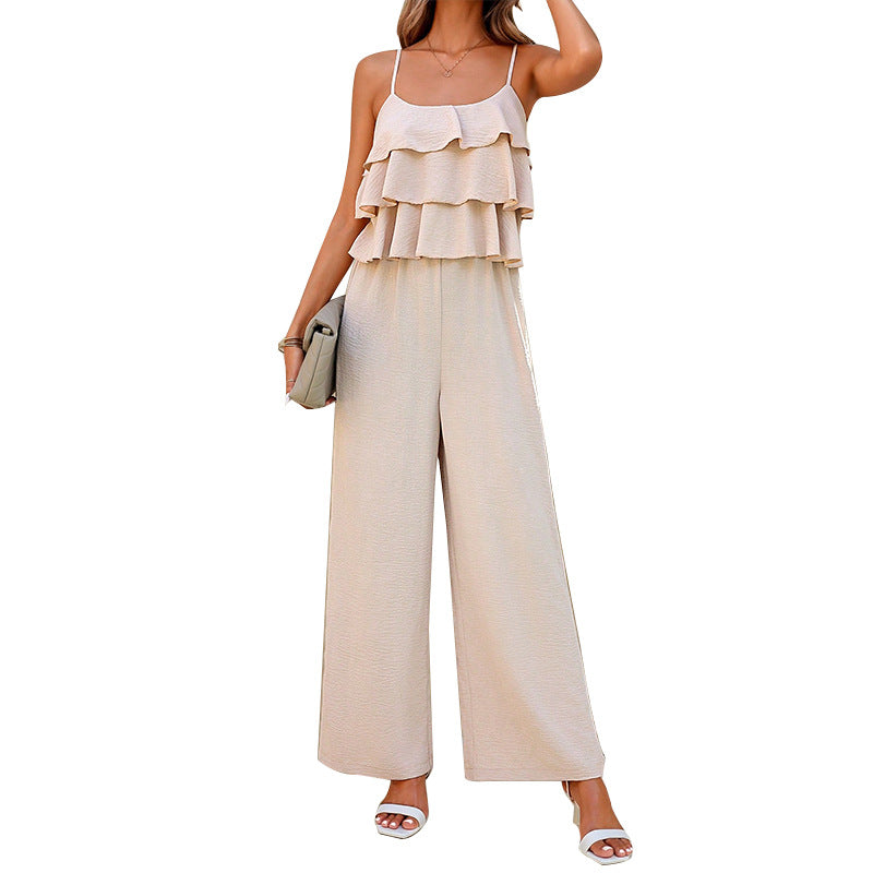 Ruimu   wish  jumpsuit 2025 autumn European and American wind lotus leaf suspender jumpsuit wide-leg pants