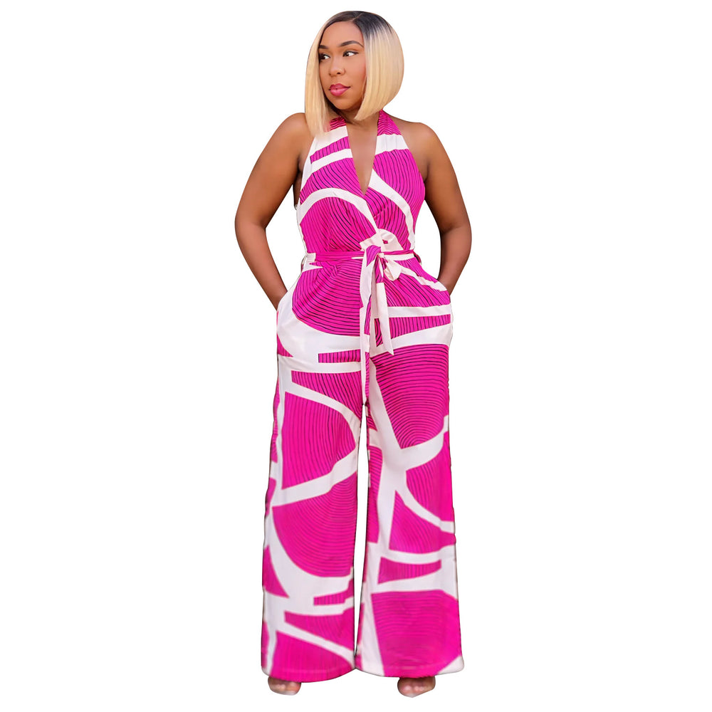 C6985 cross-border   independent station fashionfashion women's exquisite printing sleeveless v neck jumpsuit