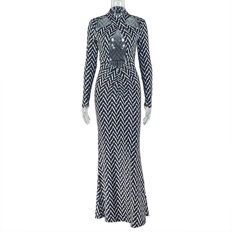 European and american style cross-border new women's hollow-out design striped bodycon dress halter neck long sleeve printed dress wholesale