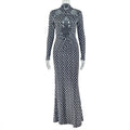 European and american style cross-border new women's hollow-out design striped bodycon dress halter neck long sleeve printed dress wholesale
