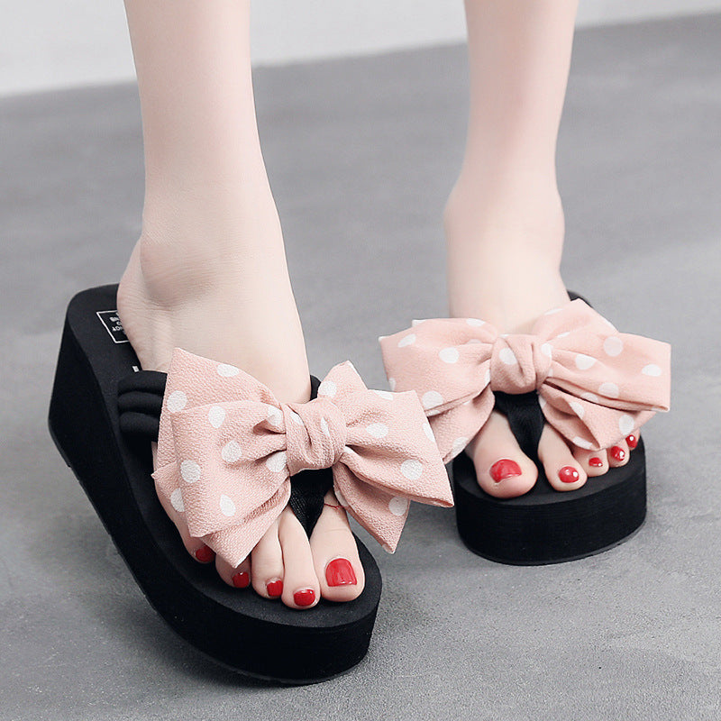 2026 new women's super high heel flip-flops - summer non-slip platform beach sandals with sweet bow detail - wearable wedge heel slides