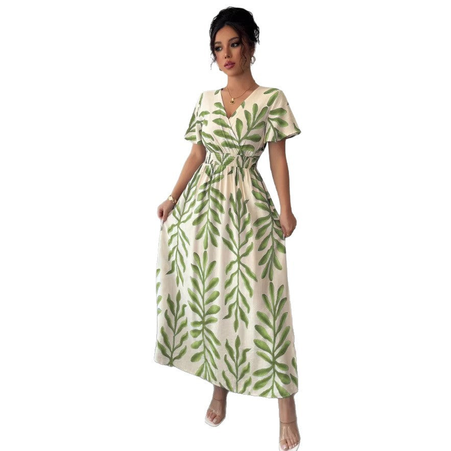 Amazon cross-border  summer new arrival: fresh seaside vacation style cami dress - fitted waist green leaf print dress