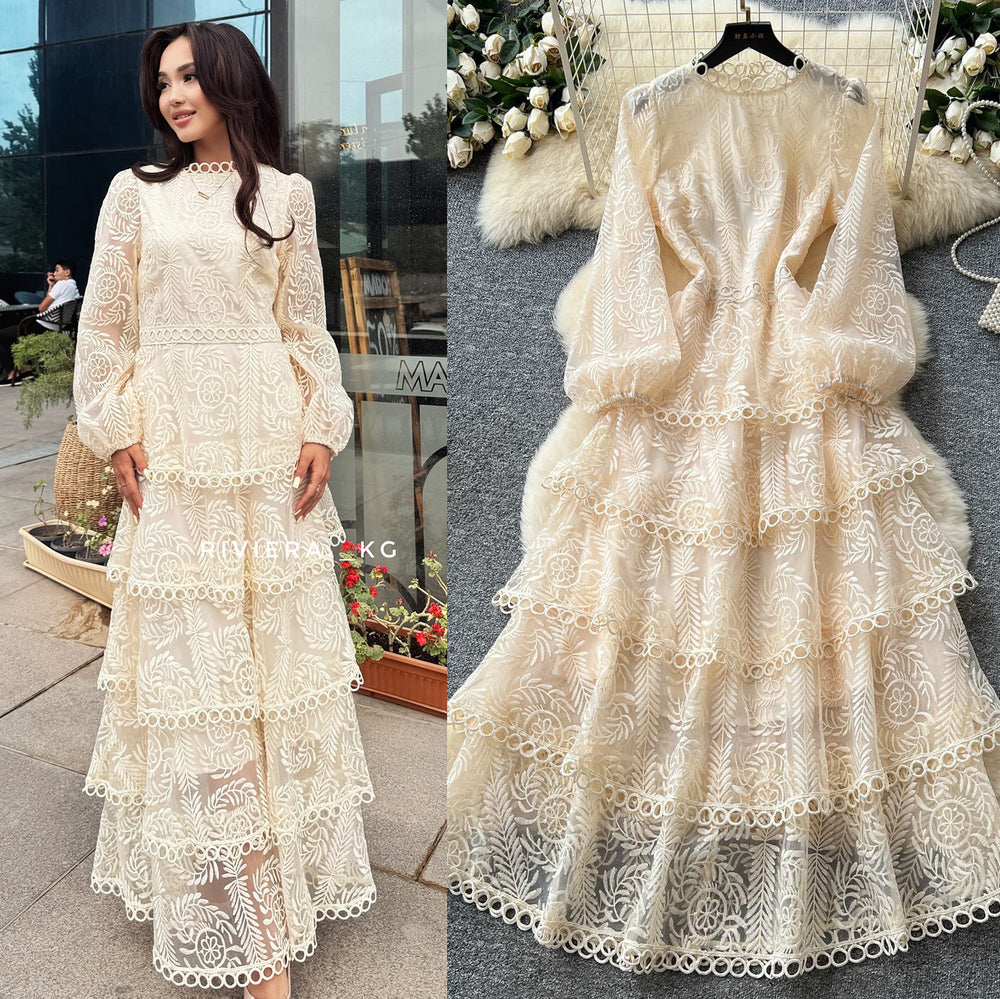 French chic high-end elegant dress for women, autumn  collection: luxurious, heavily embroidered, cinched waist, ruffle hem, tiered maxi dress