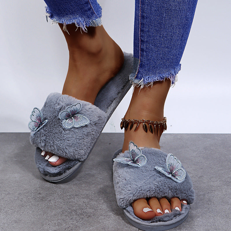 butterfly fur slippers for women, autumn and winter, k-style, new style, home and outdoor wear, one-line slippers, plush women's shoes, dropshipping