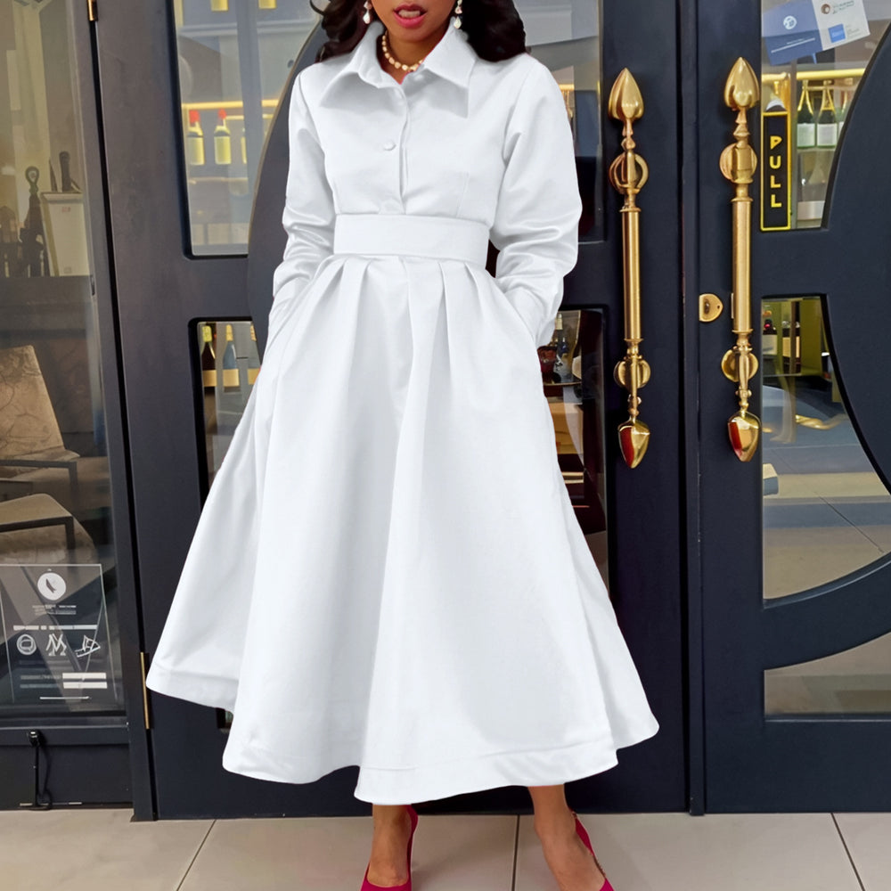 D532  european and american women's clothing  autumn new arrival big swing solid color turn-down collar long sleeve a-line dress african dress