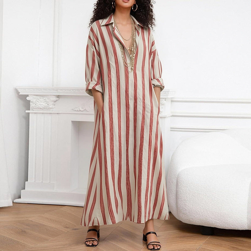 cross-border european and american women's clothing: summer dress for women, casual everyday loose striped v-neck dress