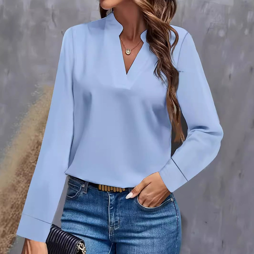 2024 independent station wish amazon hot style autumn casualpure color v neck loose shirt tops women